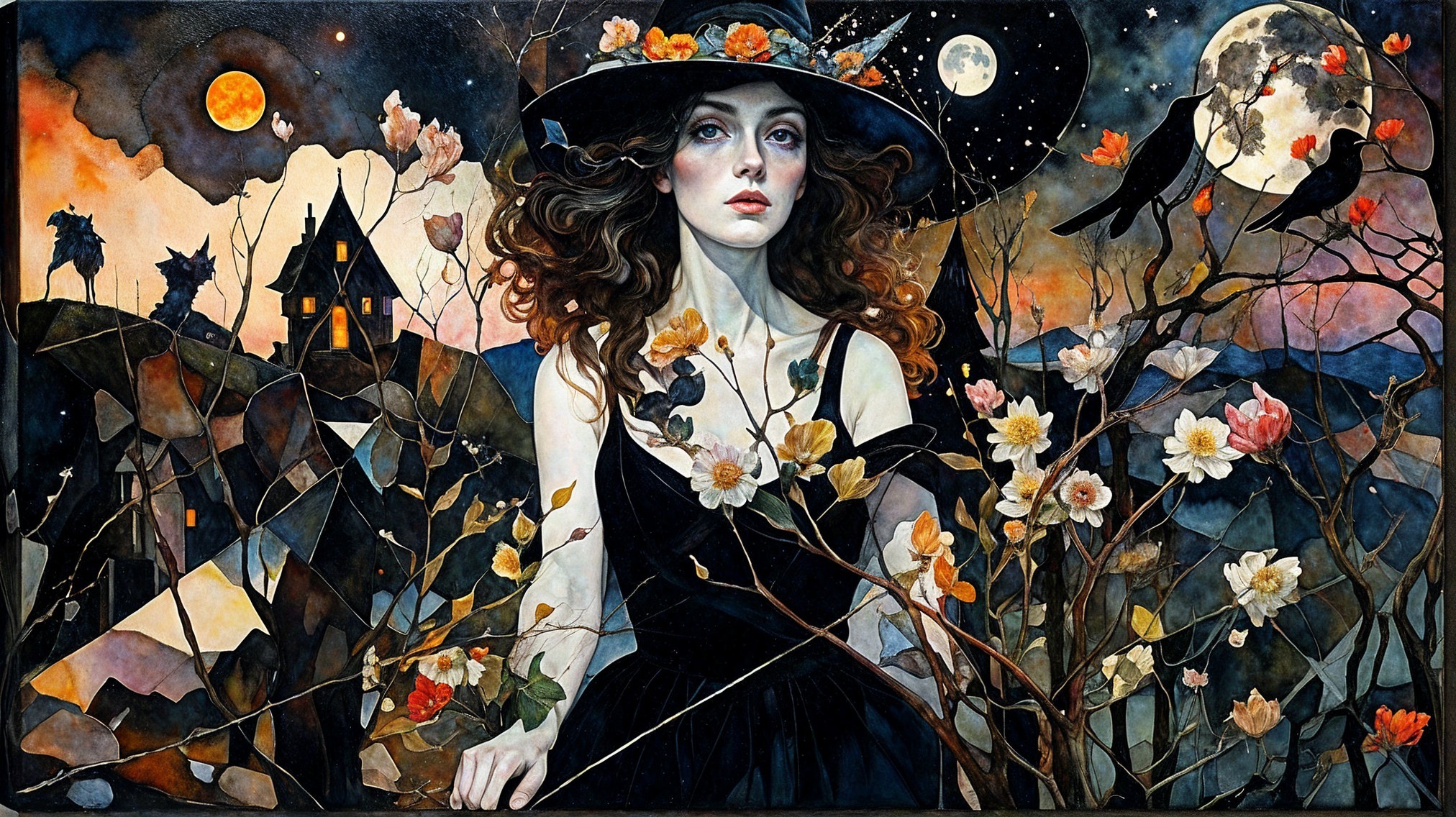 Mystical Autumn Scene with Woman and Haunted House