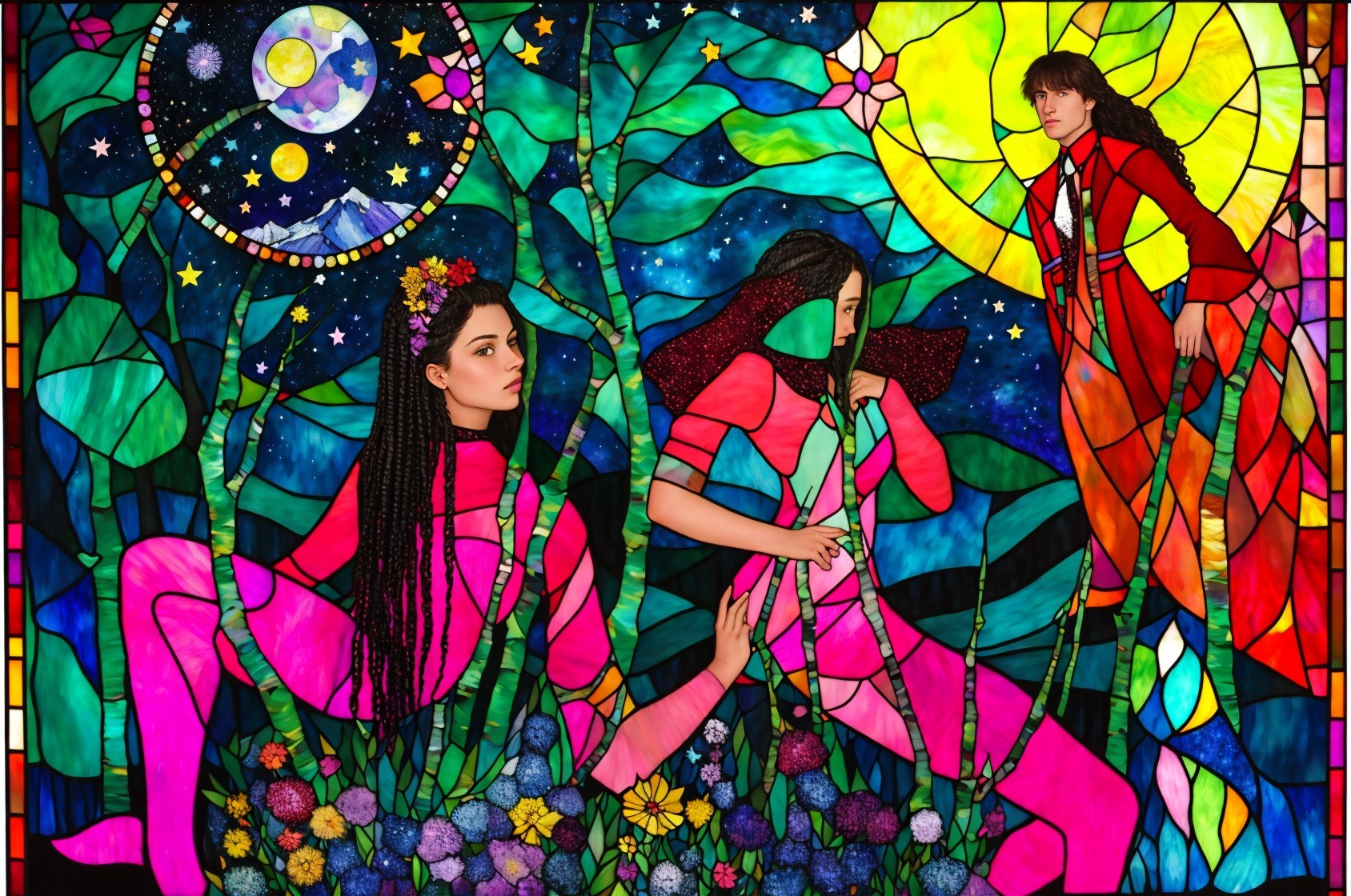 Vibrant Stained Glass Illustration of Two Women