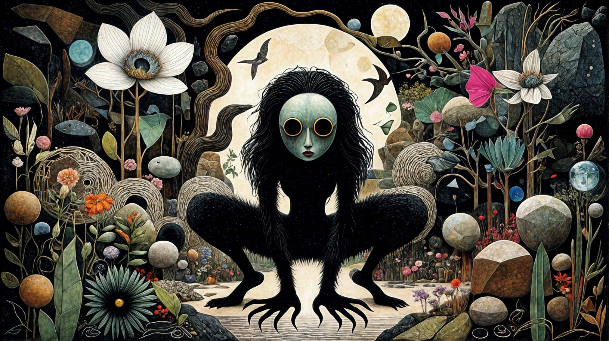 Humanoid Creature in Mystical Landscape with Moon