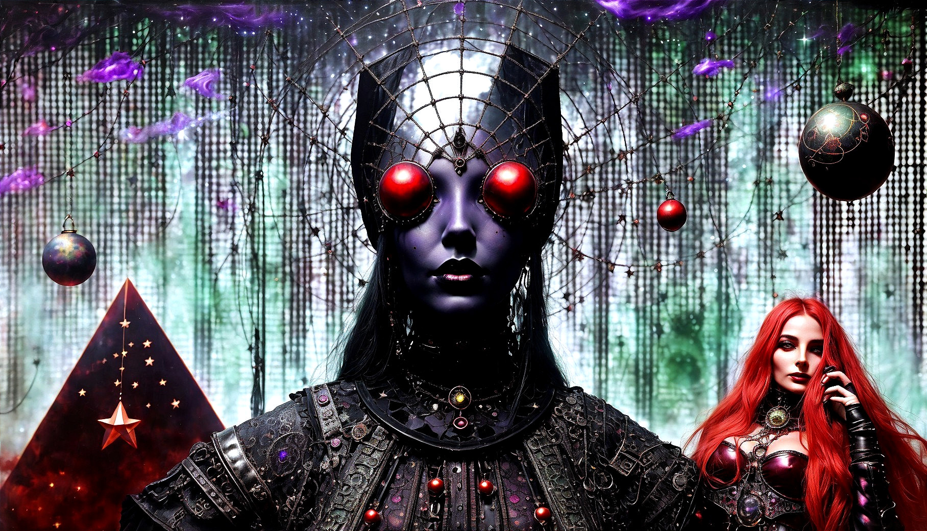 Cybernetic Figure with Red Eyes in Cosmic Setting