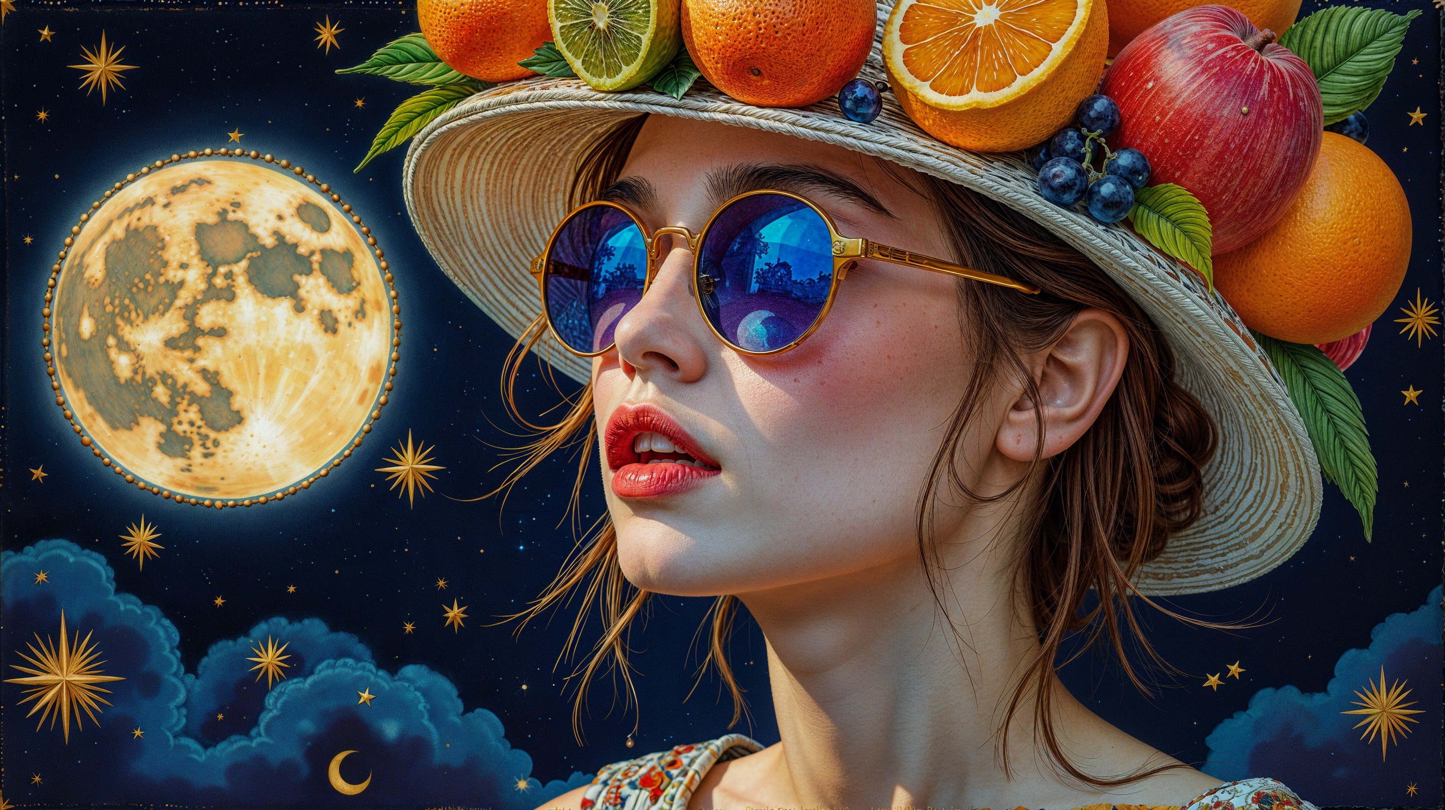 Young woman in straw hat with fruit and starry sky