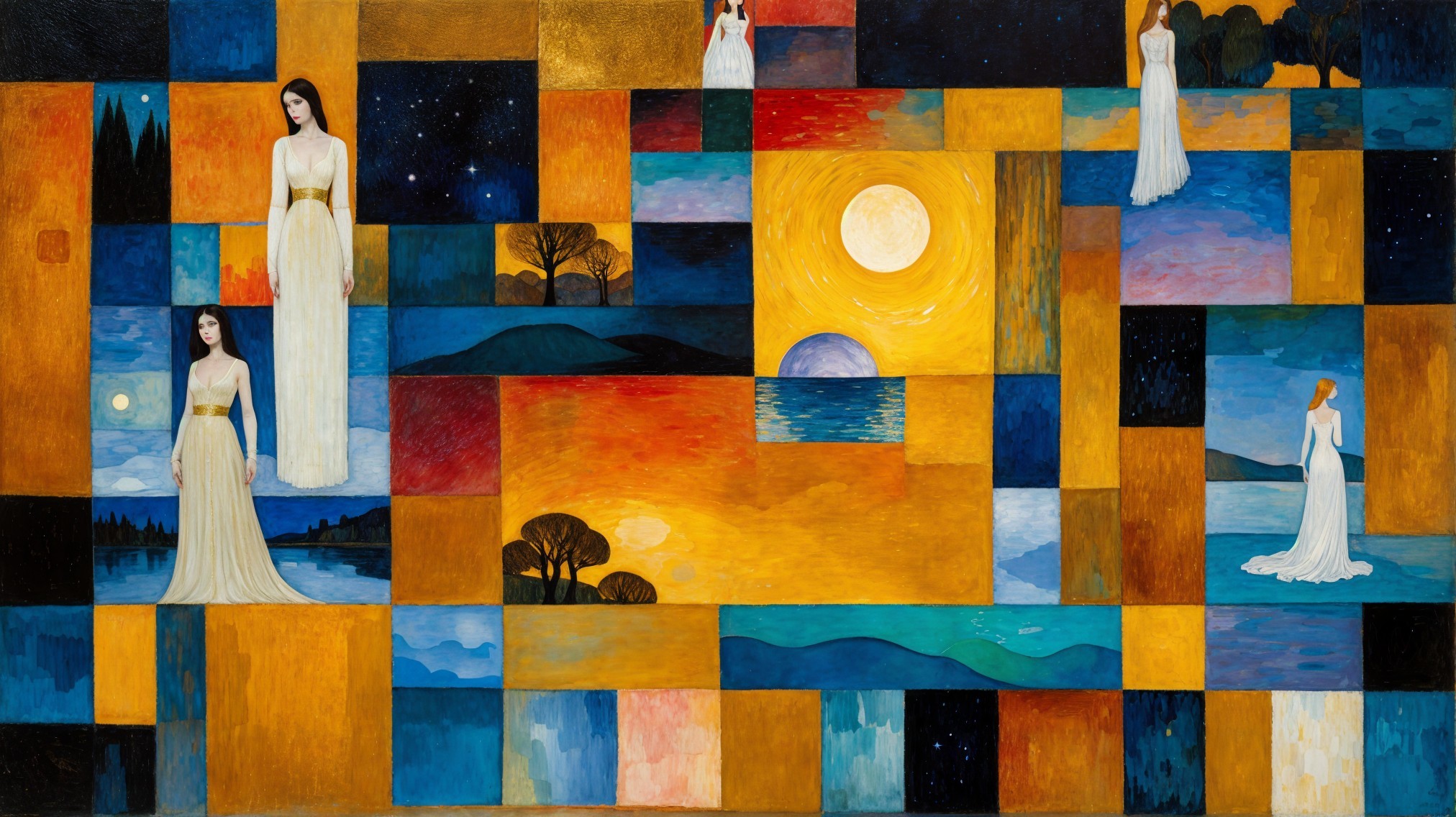 Vibrant Mosaic of Ethereal Figures and Landscapes