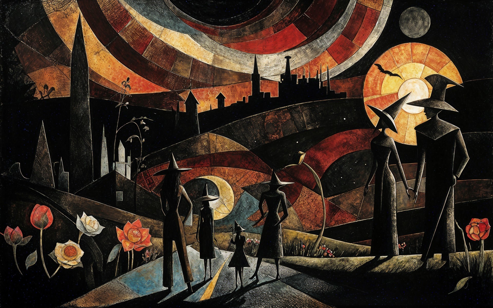 Abstract Landscape with Silhouetted Figures and Moon