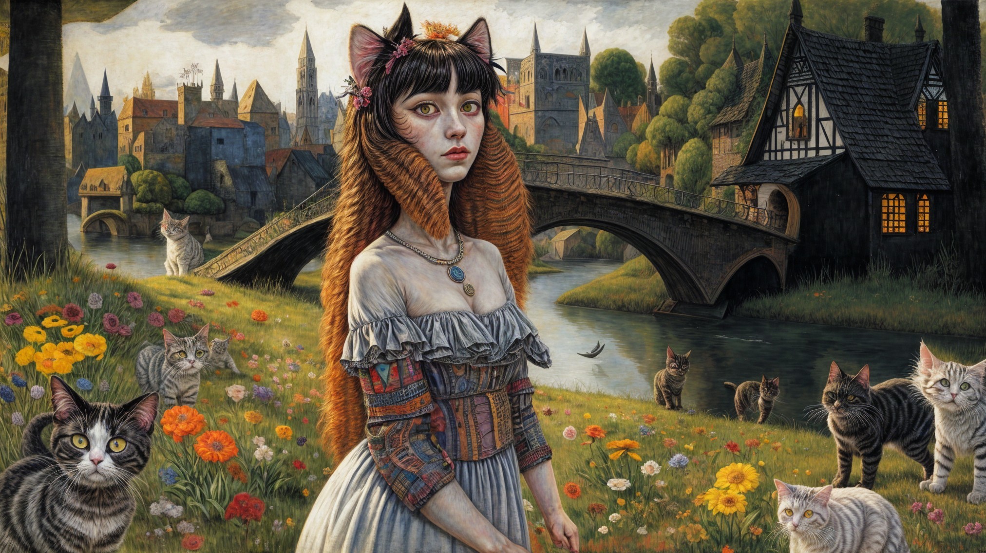 Whimsical Landscape with Cat-Like Woman and Flowers