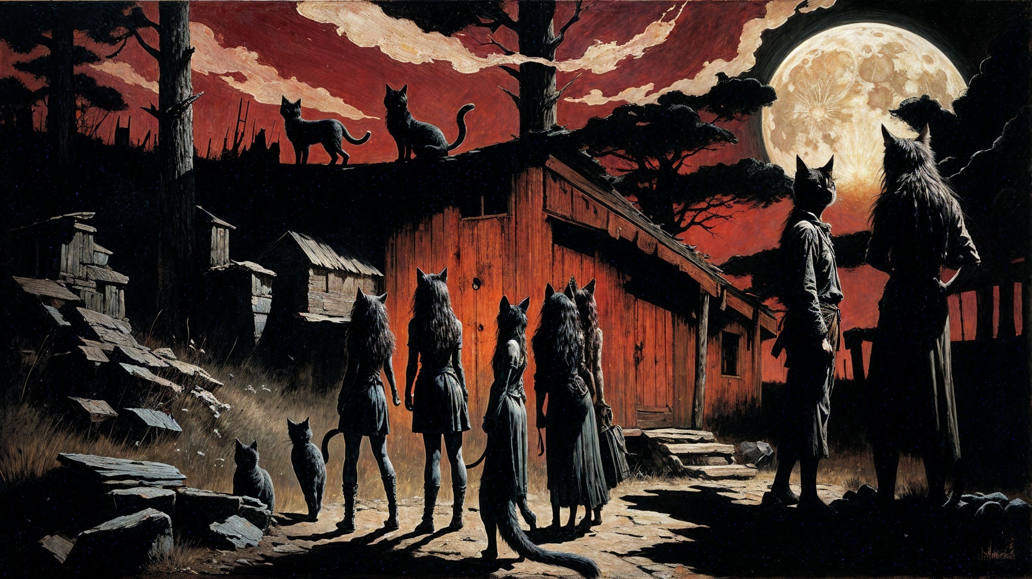 Humanoid Figures with Wolf Heads in Eerie Landscape