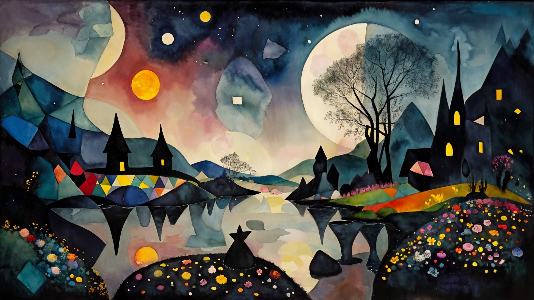 Whimsical Landscape with Colorful Night Sky and Lake