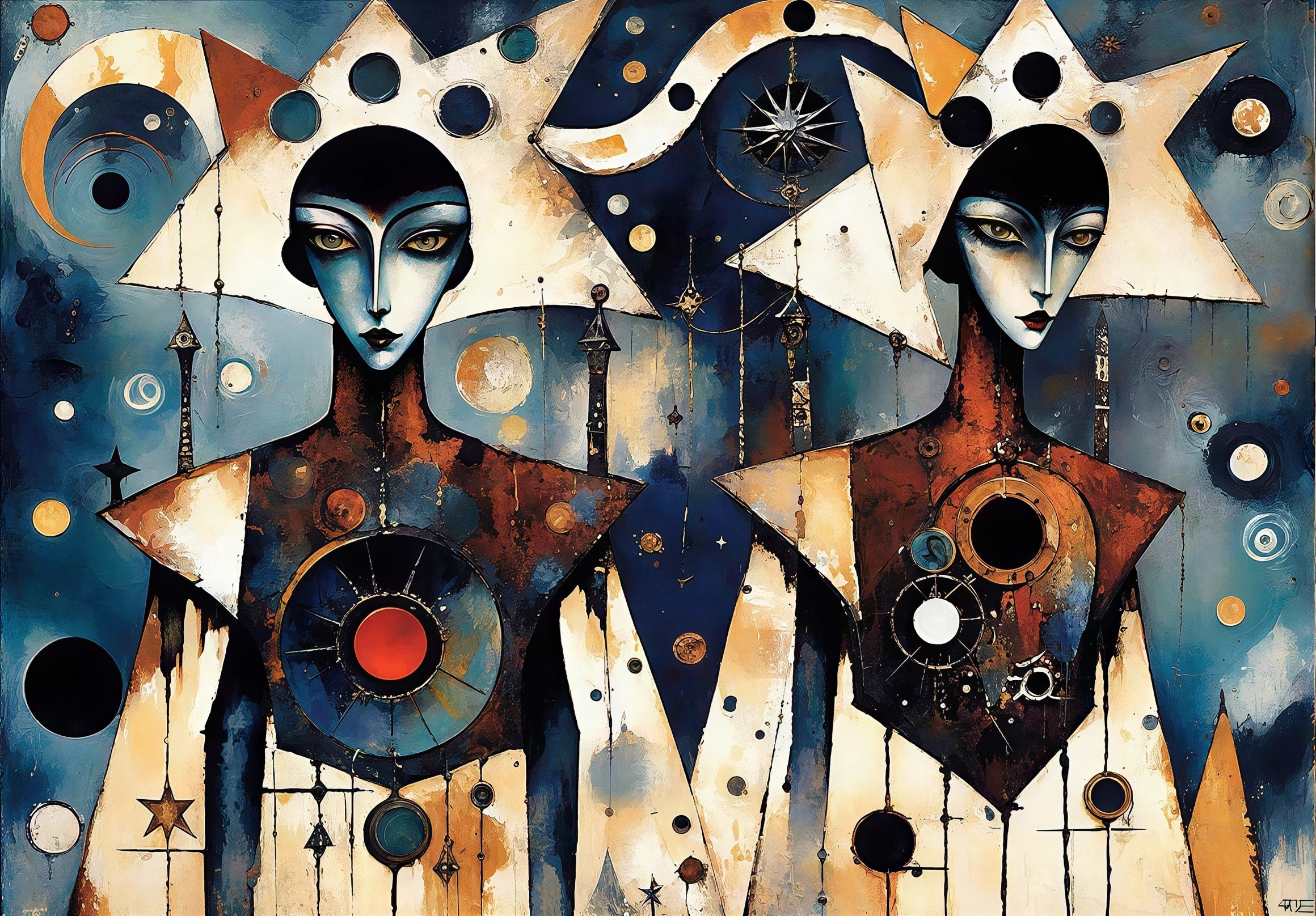 Celestial-Themed Women in Geometric Oil Painting