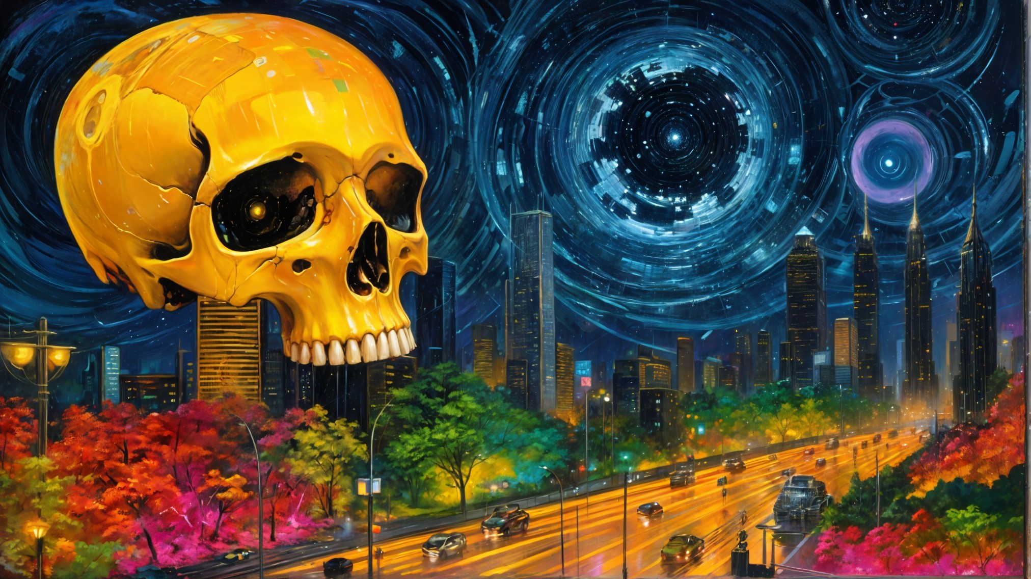 Nighttime Cityscape with Glowing Yellow Skull and Stars