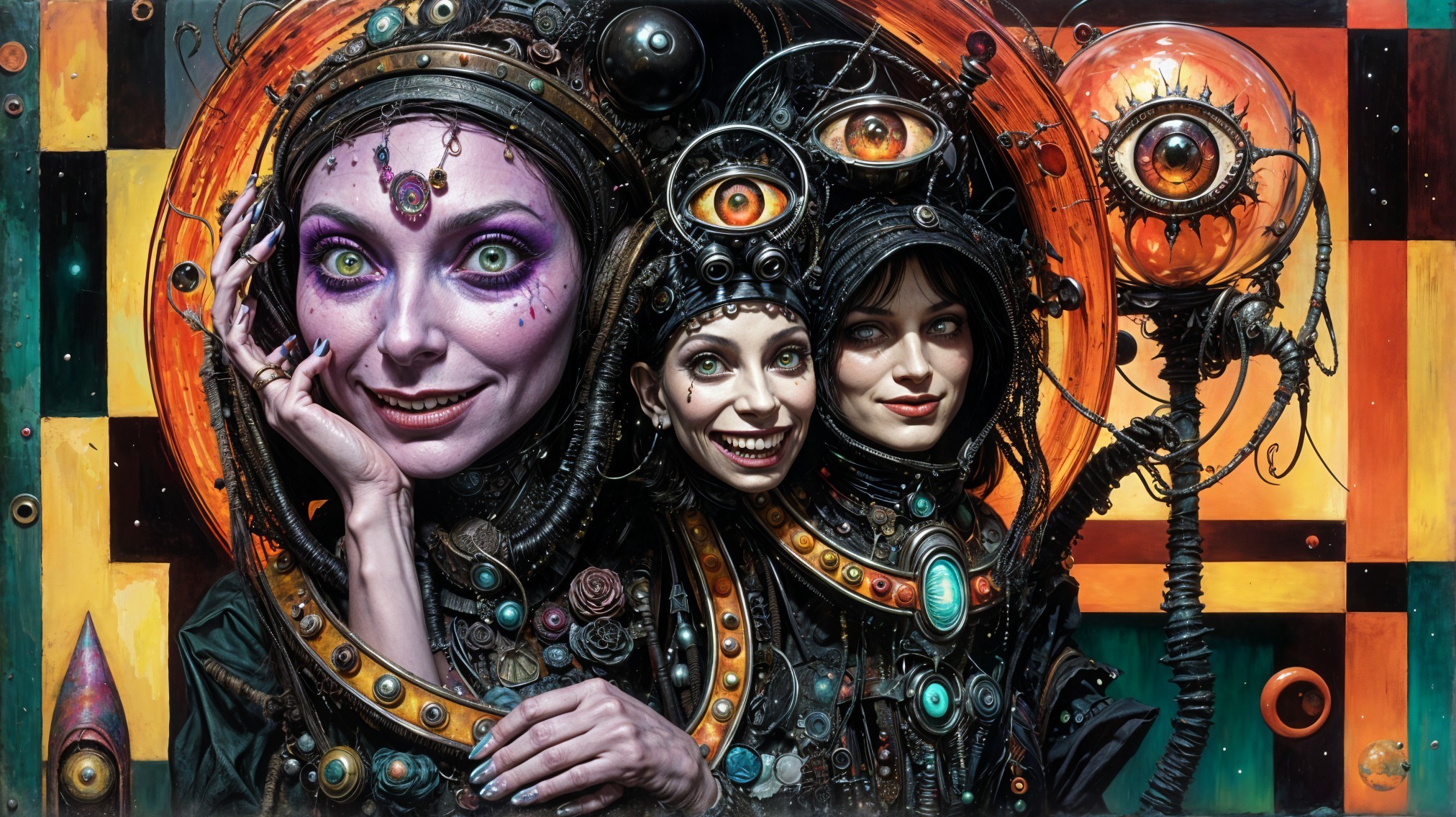 Steampunk Figures in Intricate Attire with Geometric Background