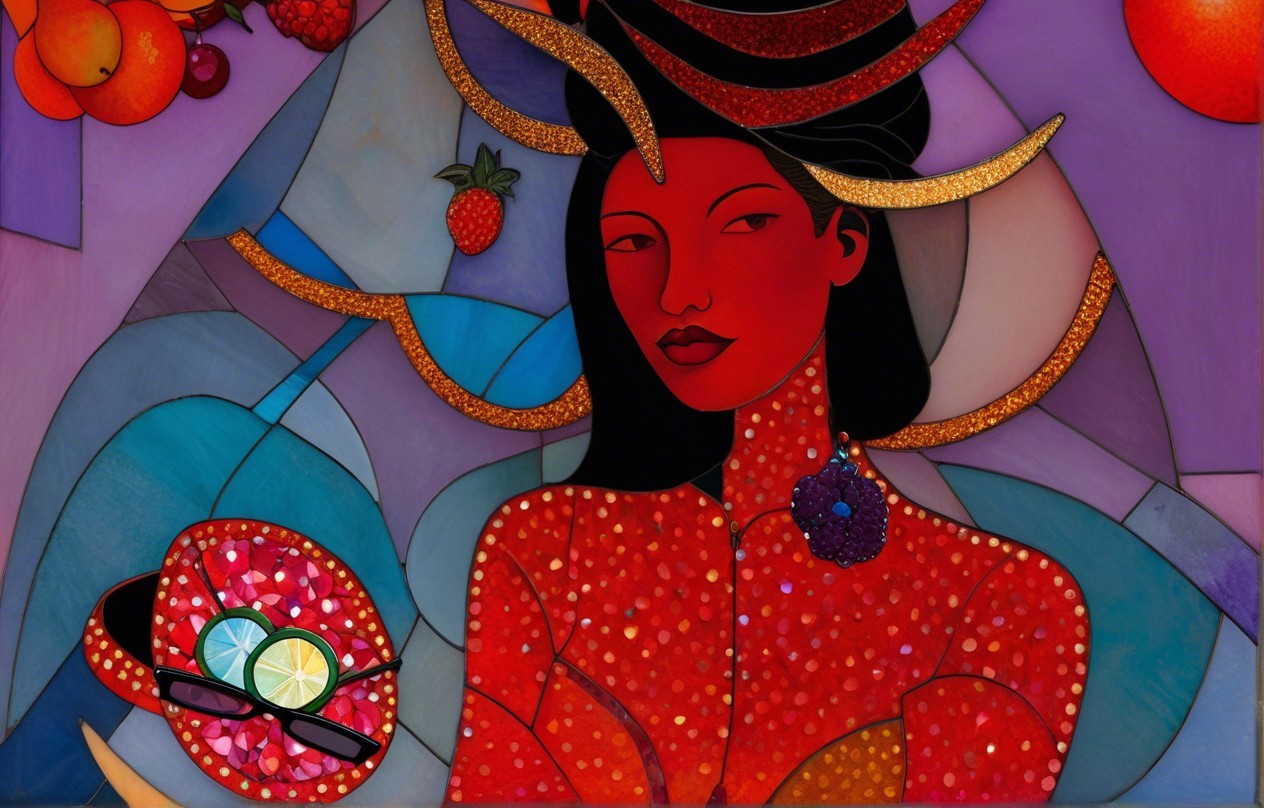 Vibrant Stained Glass Artwork of Woman with Fruits