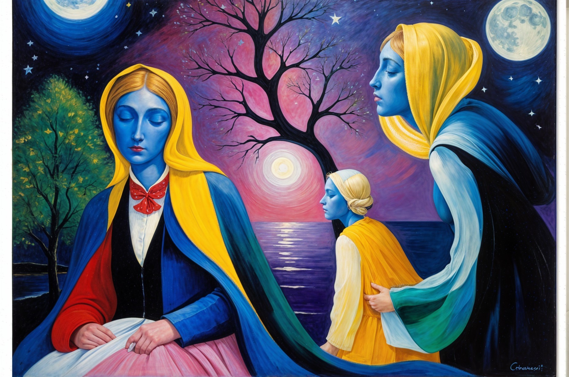 Three Blue-Skinned Women in Surreal Night Scene