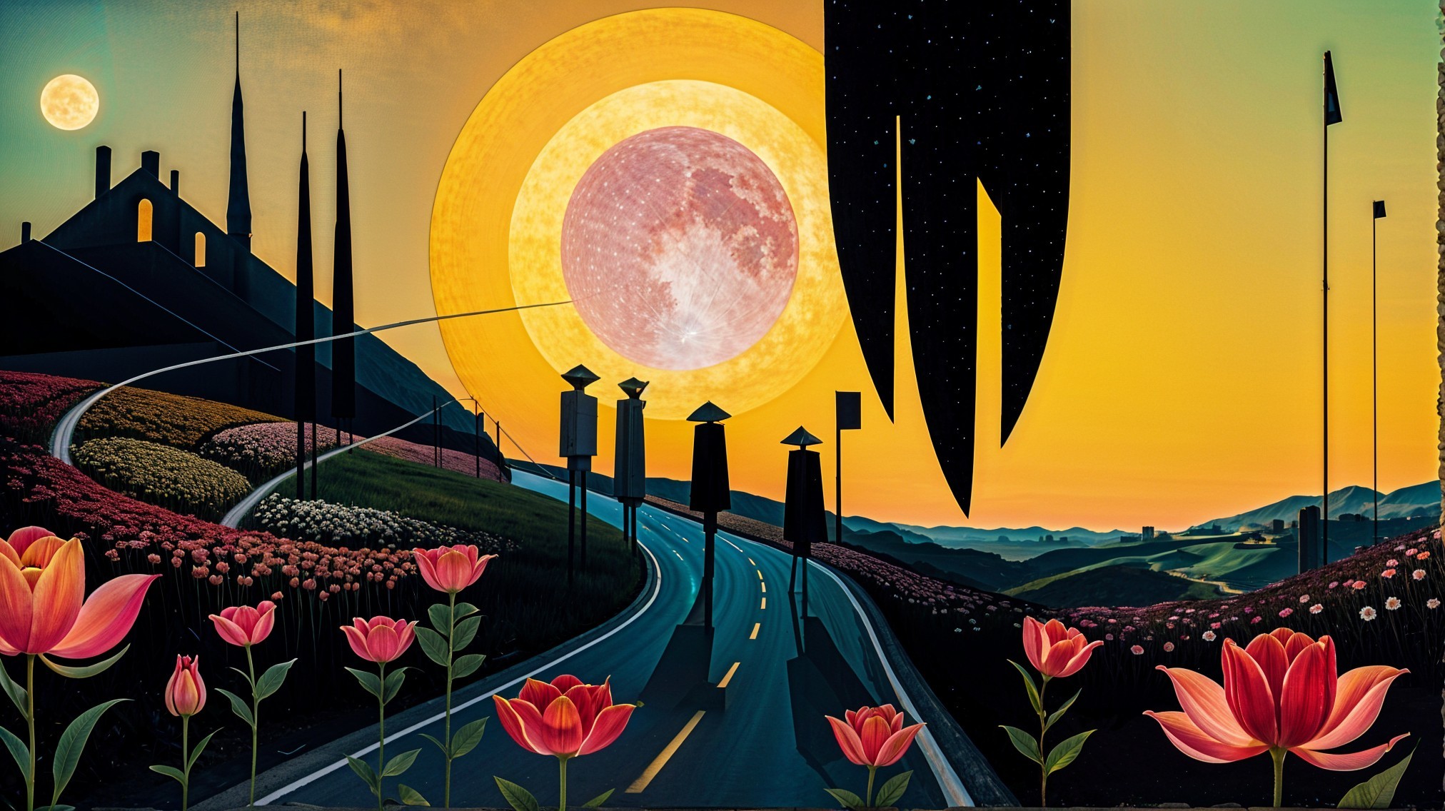 Surreal landscape with vibrant flowers and abstract structures