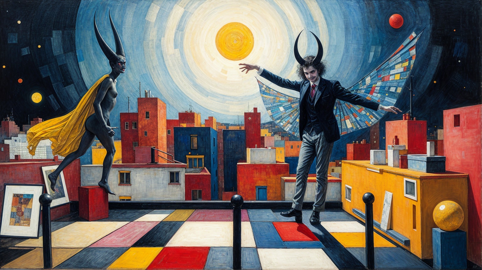 Surreal Rooftop Scene with Horned Figure and Cityscape