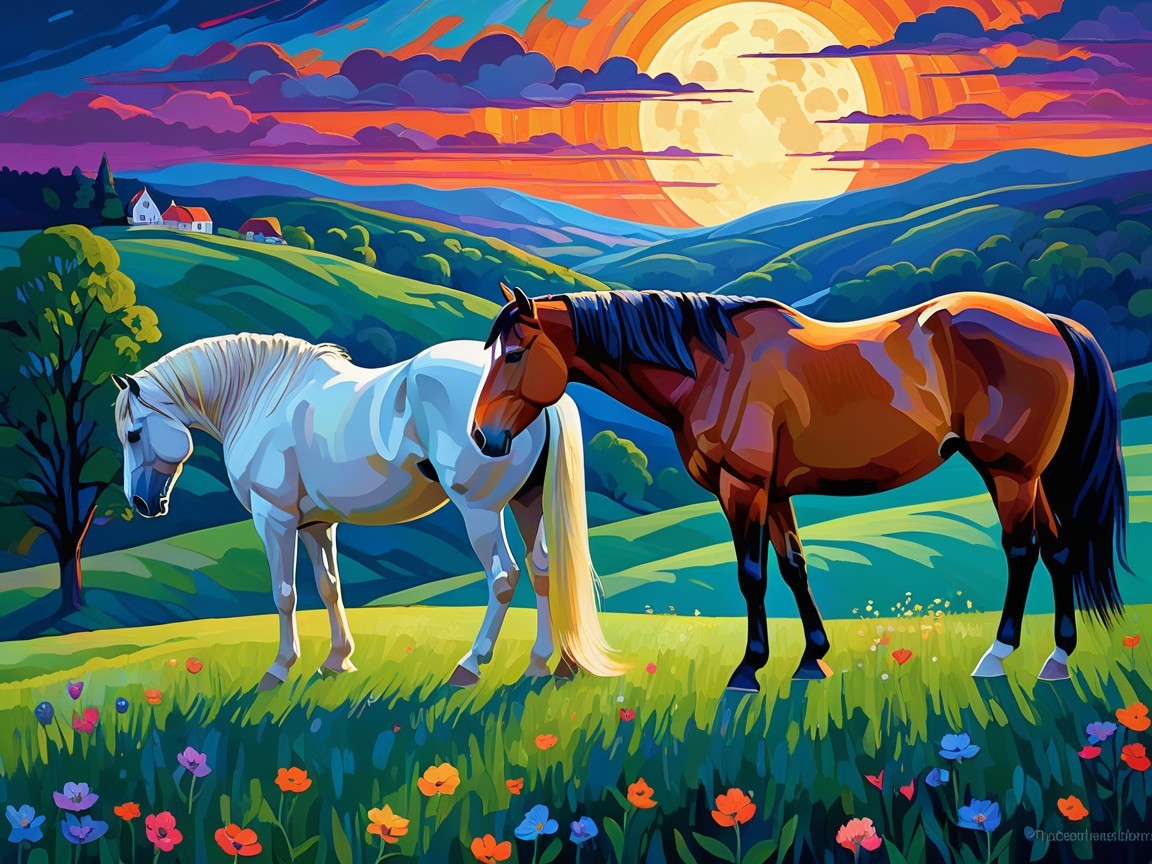 Horses in a Colorful Meadow Under a Moonlit Sky