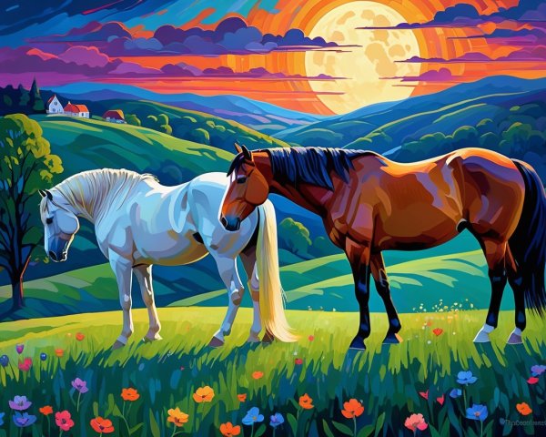 Horses in a Colorful Meadow Under a Moonlit Sky