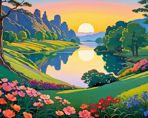 Vibrant Landscape with Hills, Flowers, and Lake