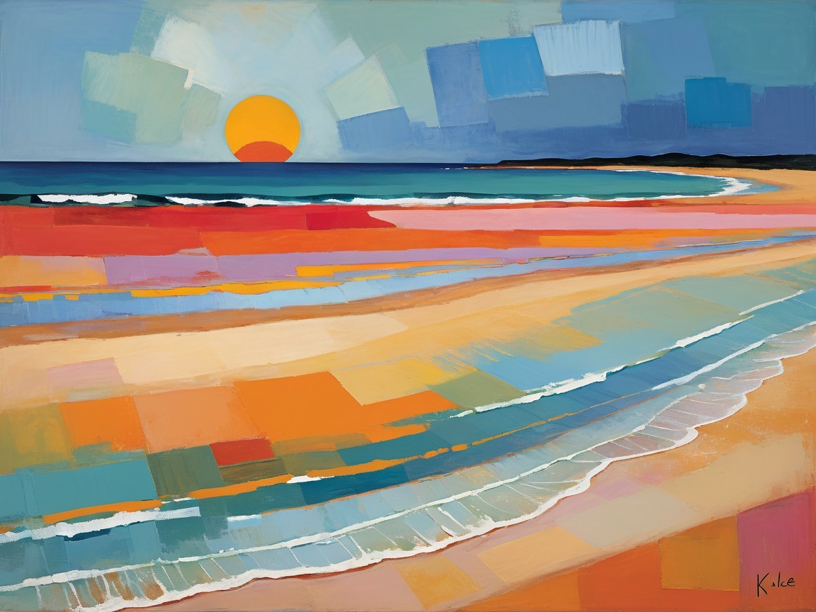 Vibrant Beach Sunset Scene with Calm Ocean and Sky
