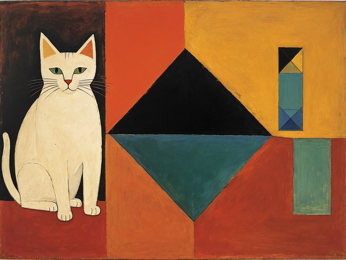 Stylized White Cat Against Bold Abstract Background