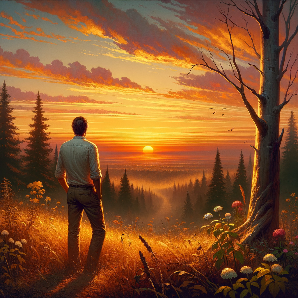 Serene sunset landscape with solitary figure and trees