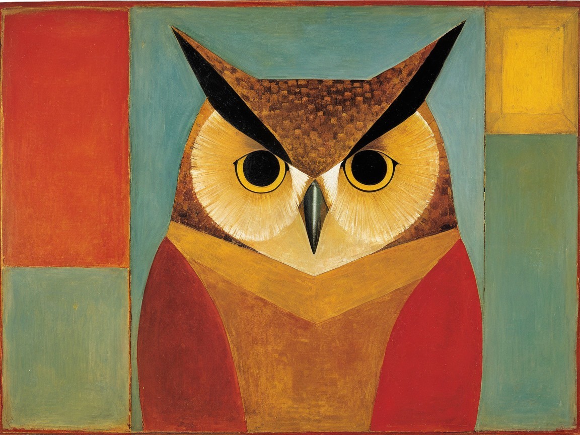 Stylized Owl Artwork with Geometric Patterns and Colors