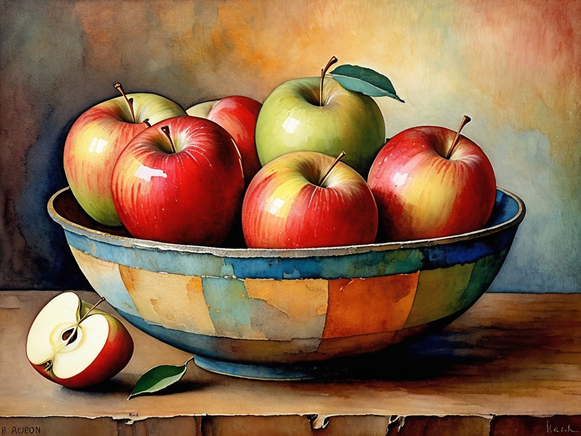 Vibrant Still Life of Colorful Apples in Mosaic Bowl