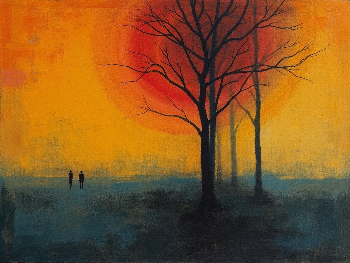 Silhouetted Figures Against a Vibrant Sunset Sky