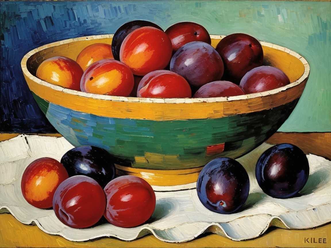 Vibrant Still Life of Ripe Plums in Decorative Bowl