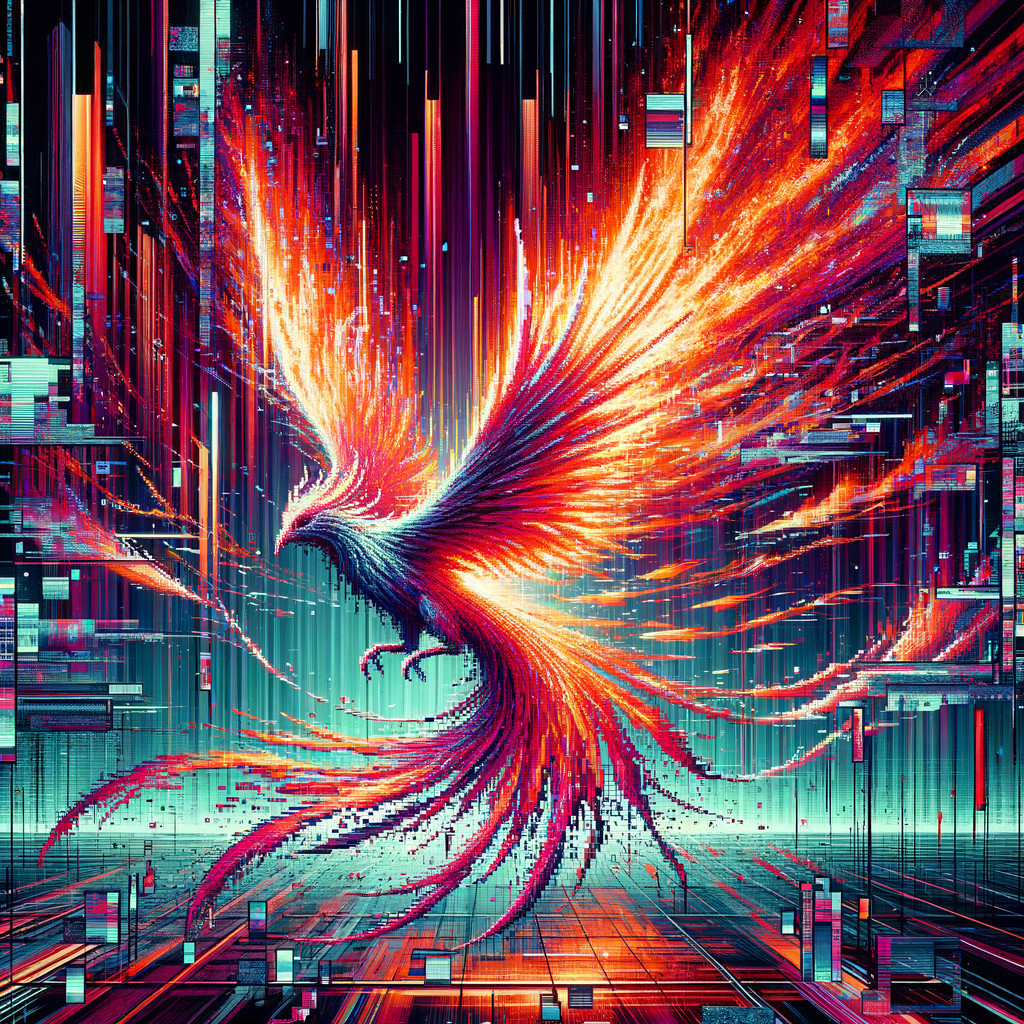 Digital Phoenix in a Matrix of Glowing Pixels
