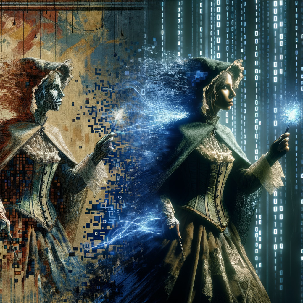 Mystical Figure in Vintage Gown with Digital Elements