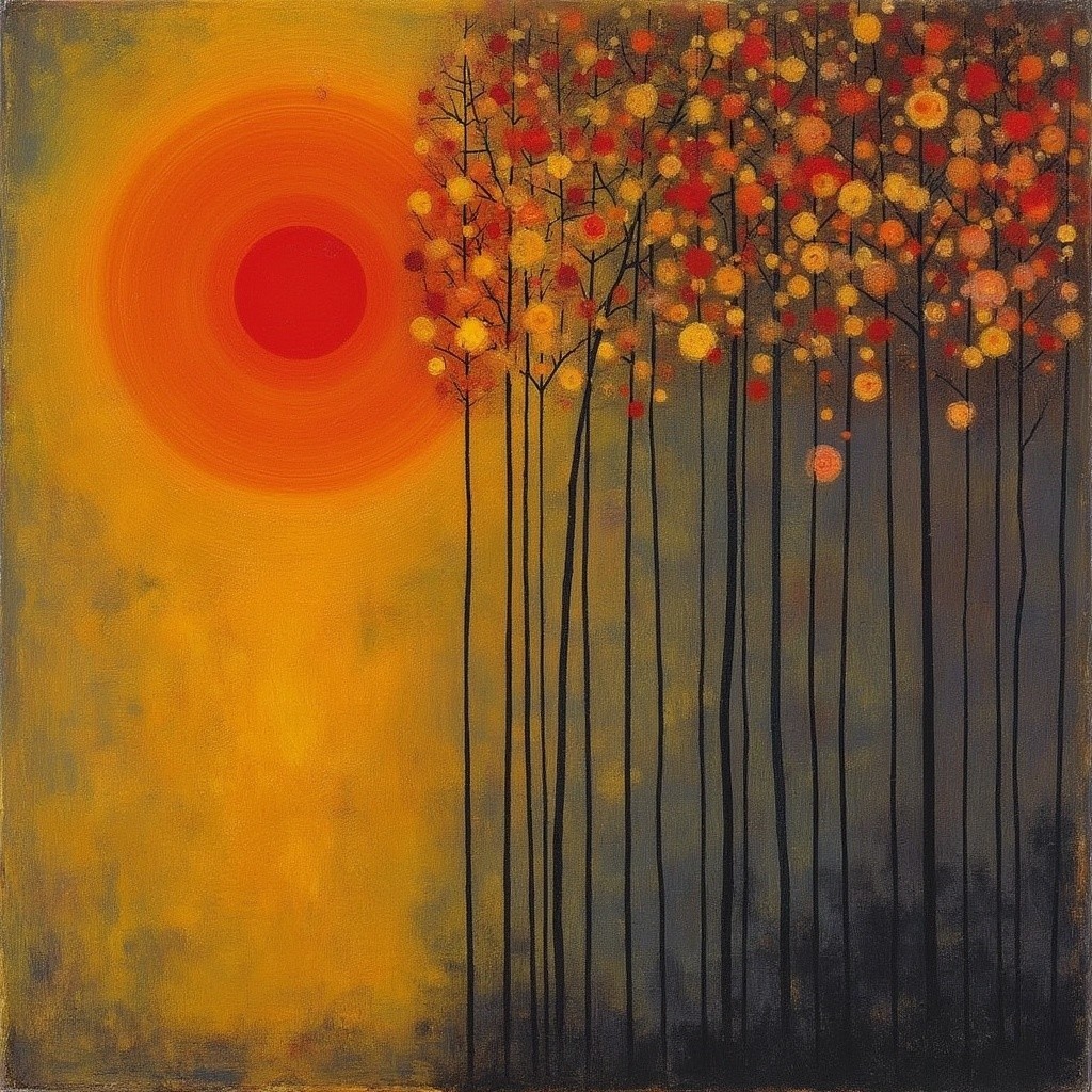 Vibrant Sunset with Silhouetted Trees and Flowers