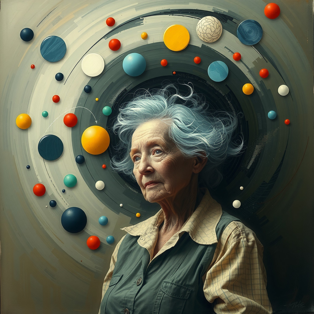 Elderly Woman in Cosmic Themed Geometric Background