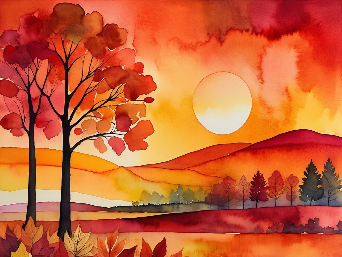 Vibrant Watercolor Landscape of Sunset and Trees