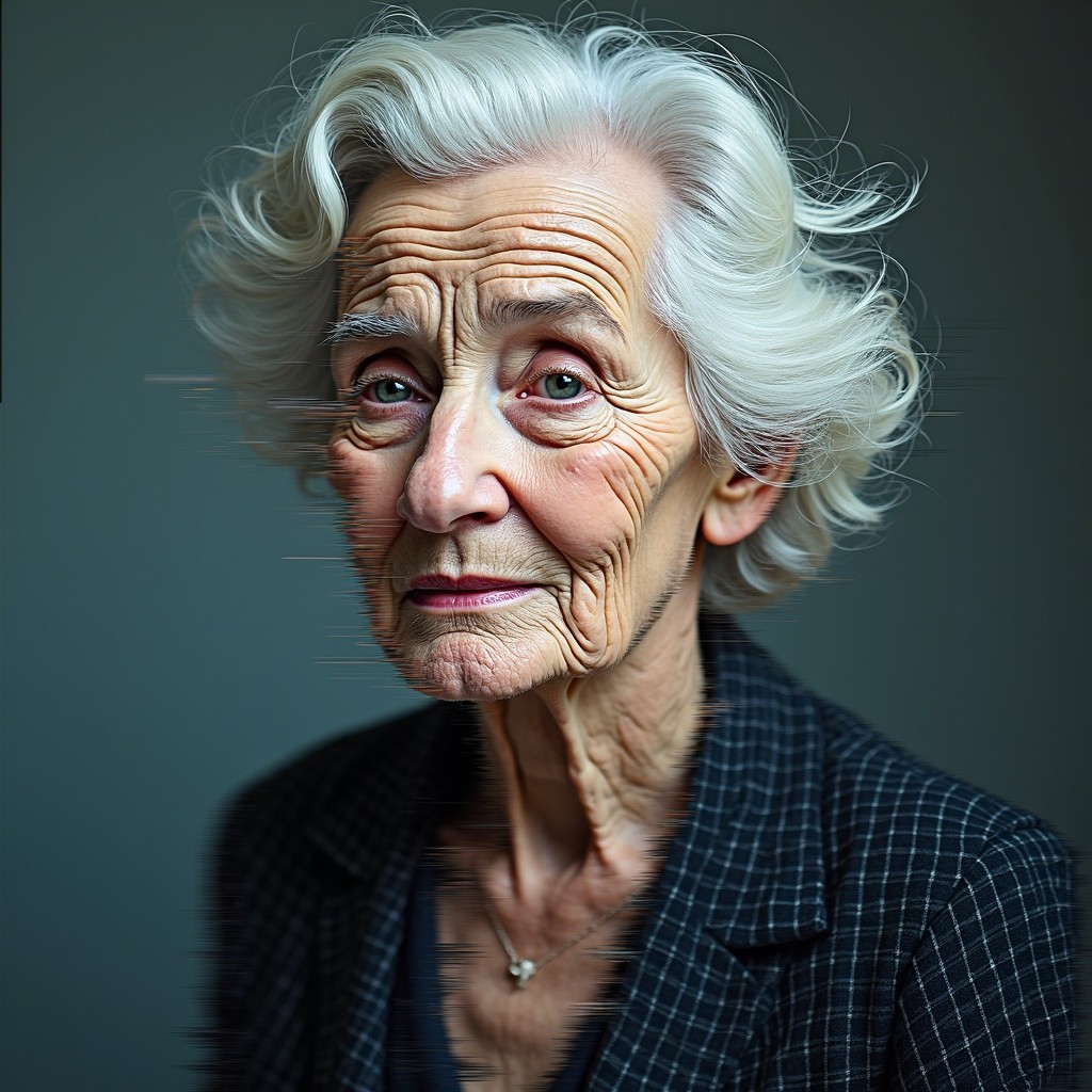 Portrait of an elderly woman with white hair and wrinkles