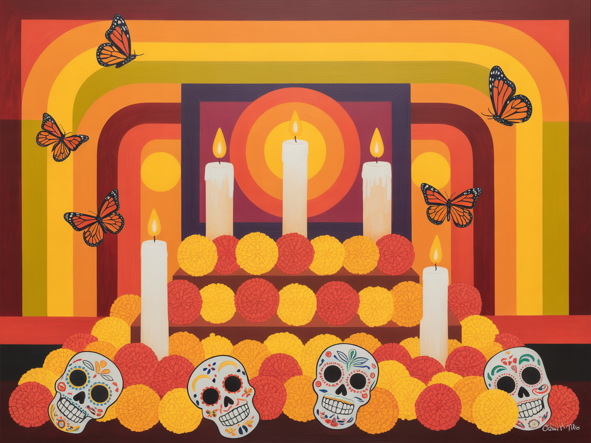 Vibrant Día de los Muertos Altar with Decorative Elements