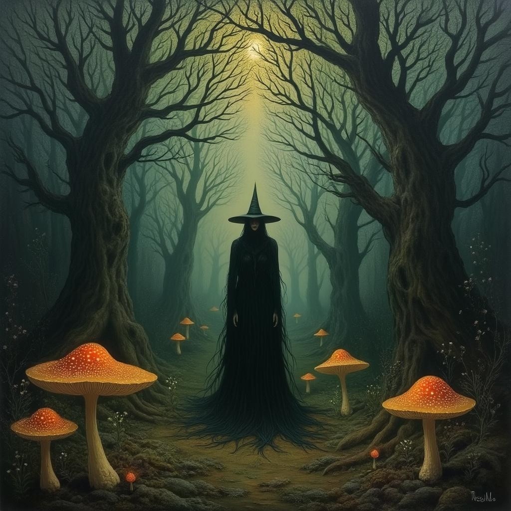 Mystical Forest with Dark Figure and Glowing Mushrooms