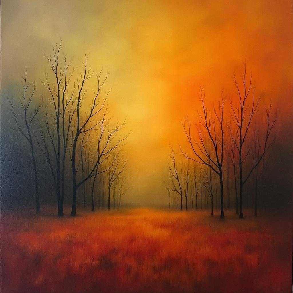Misty Forest Landscape with Amber Sky and Grasses