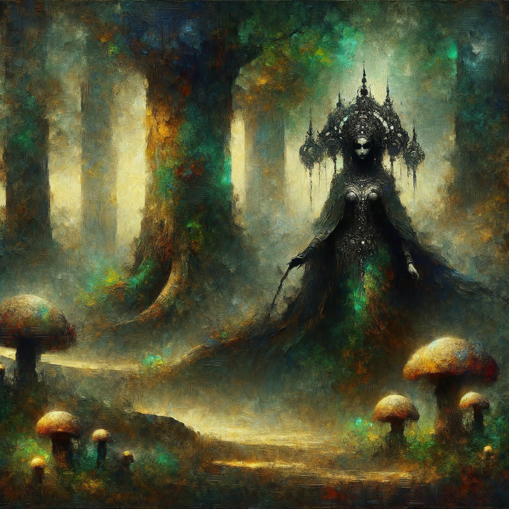 Mystical Forest with Towering Figure and Vibrant Mushrooms
