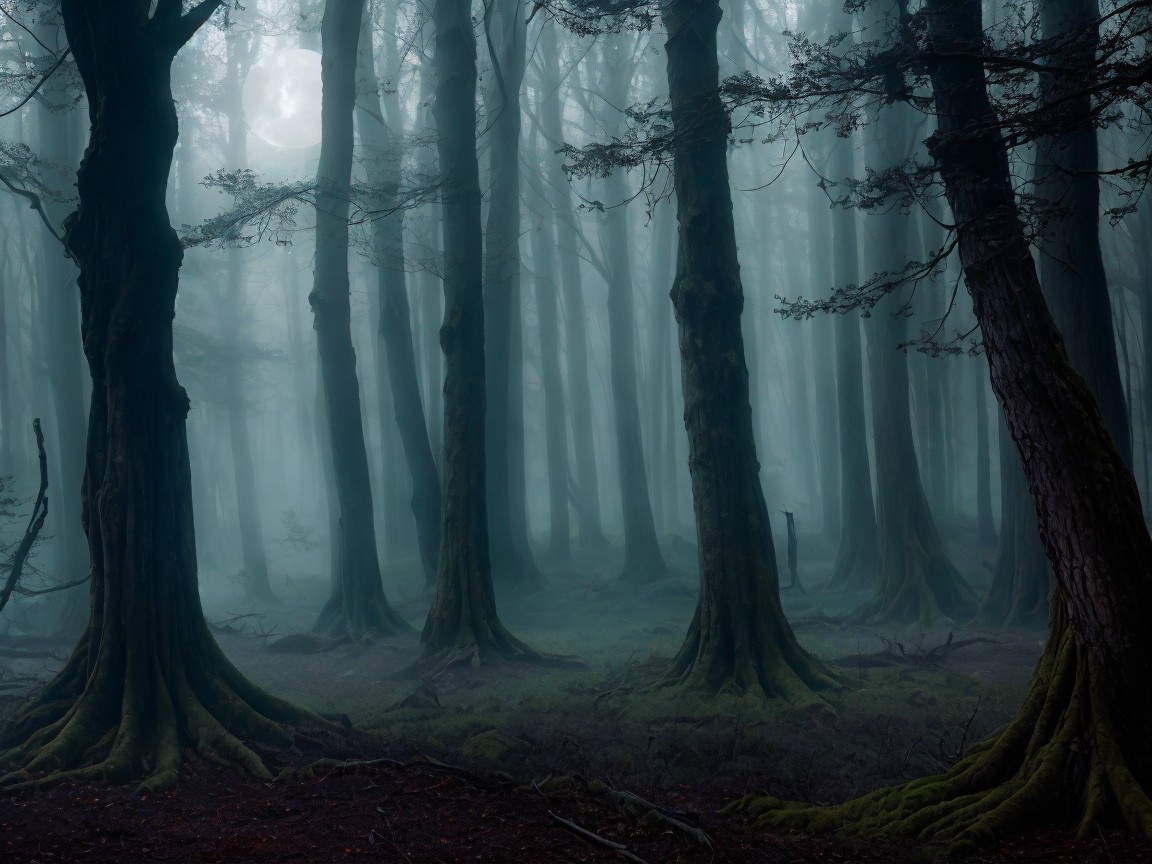 Mysterious Forest with Fog and Towering Trees