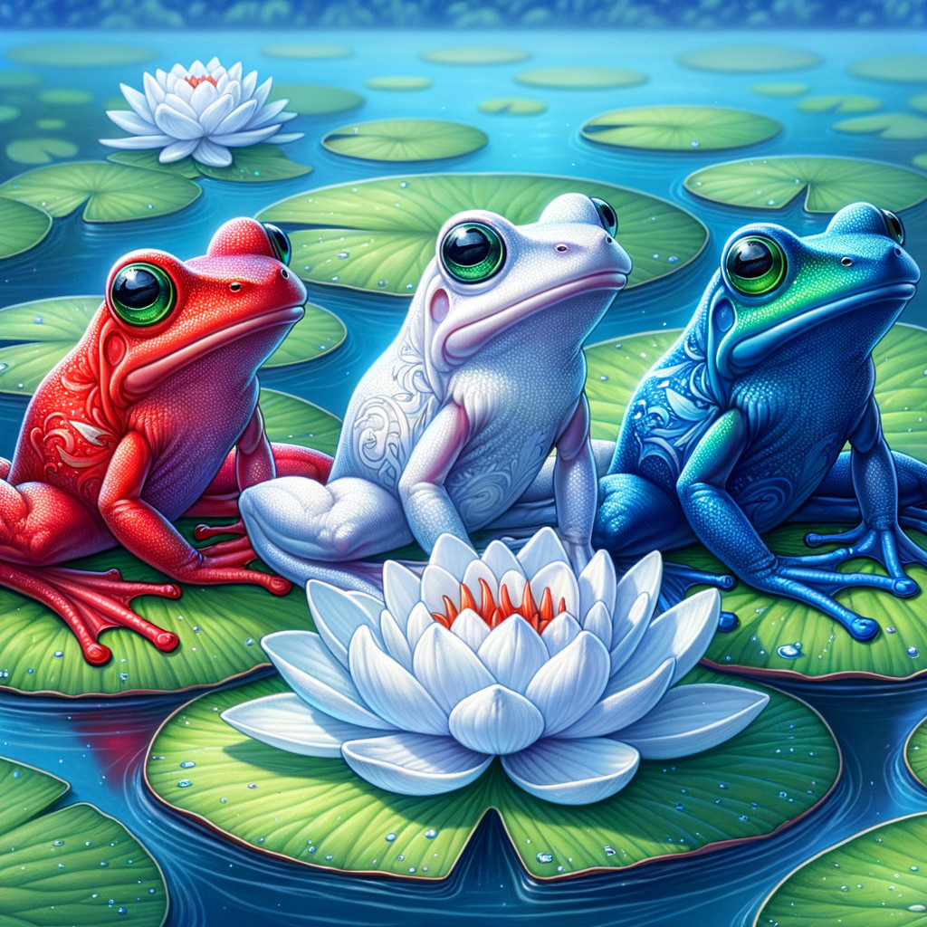 Vibrant Frogs on Lily Pads in a Tranquil Pond