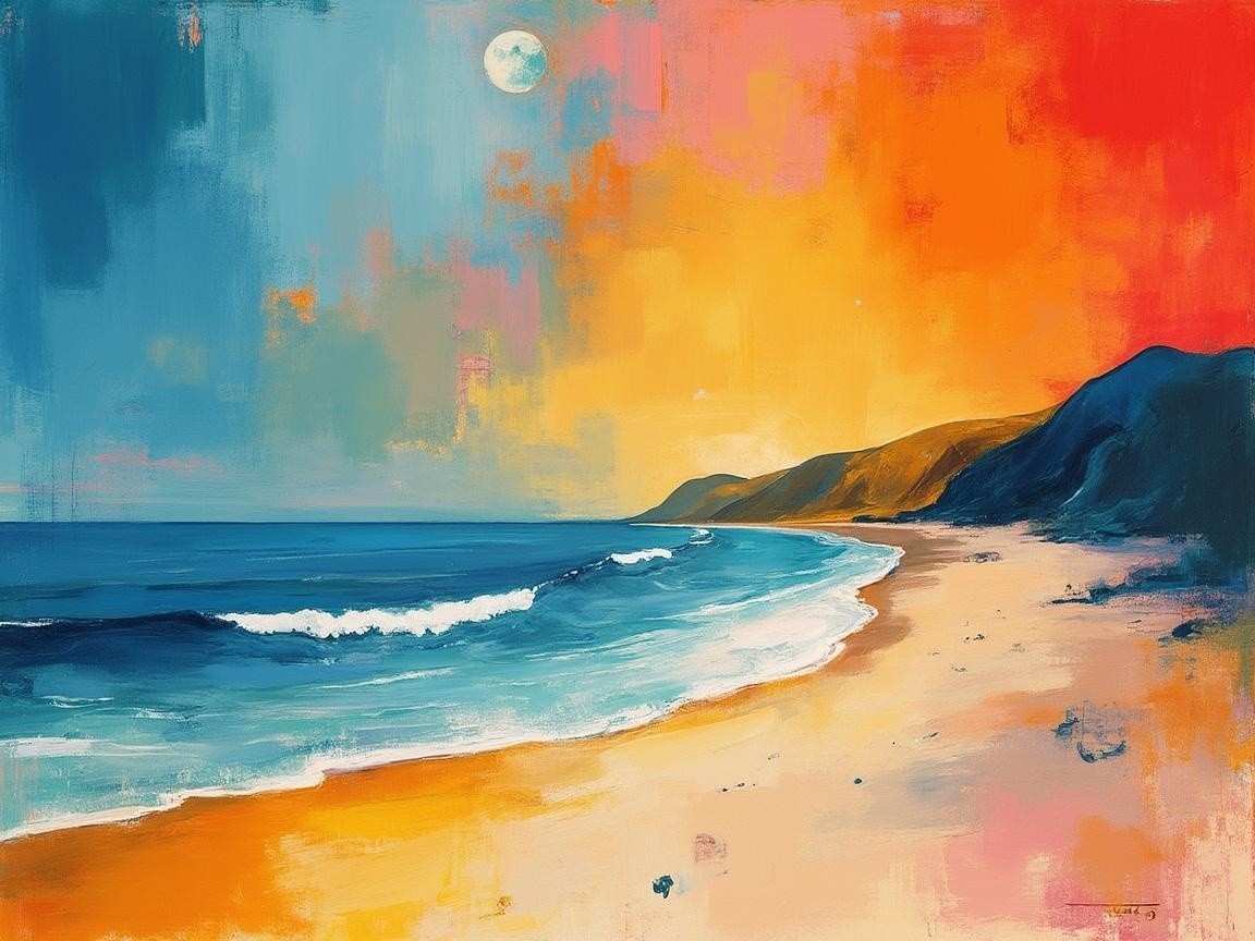 Vibrant Seascape with Dramatic Sunset and Moon