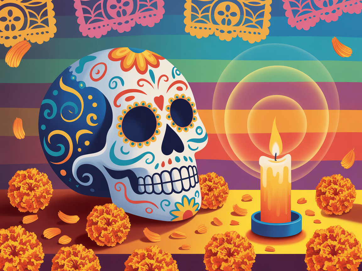Colorful Sugar Skull with Marigolds and Candle Decor