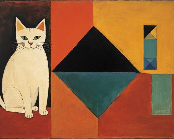 Stylized White Cat Against Bold Abstract Background