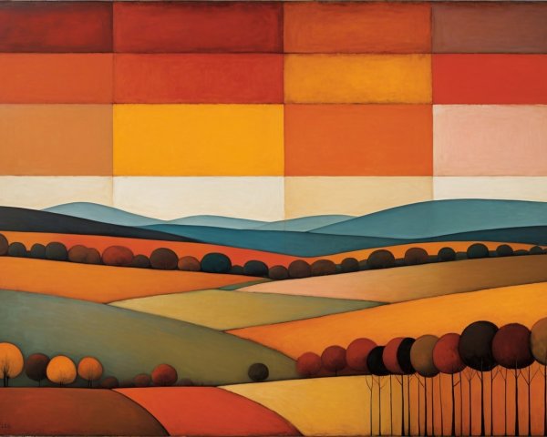Geometric Landscape with Warm Fields and Blue Hills