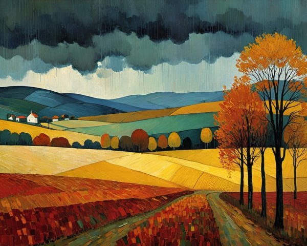 Vibrant Landscape with Rolling Hills and Stormy Sky