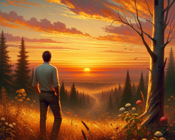 Serene sunset landscape with solitary figure and trees