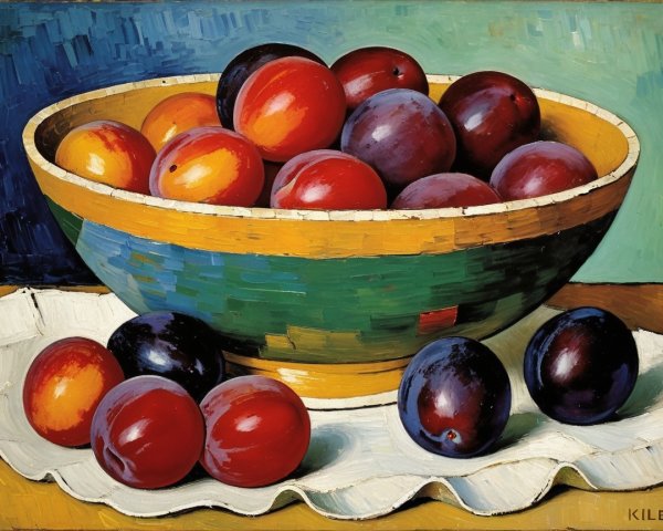 Vibrant Still Life of Ripe Plums in Decorative Bowl