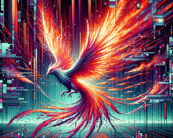 Digital Phoenix in a Matrix of Glowing Pixels