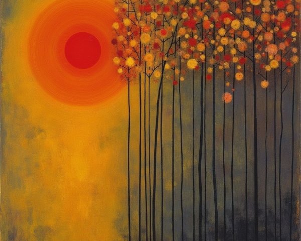 Vibrant Sunset with Silhouetted Trees and Flowers