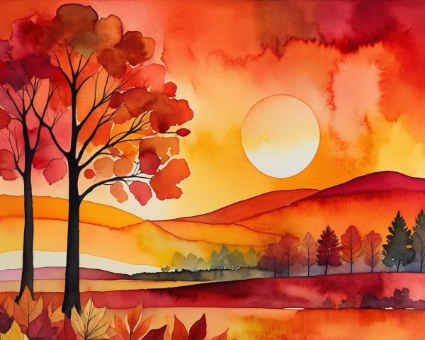 Vibrant Watercolor Landscape of Sunset and Trees