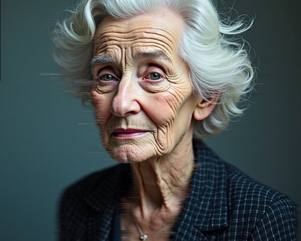 Portrait of an elderly woman with white hair and wrinkles